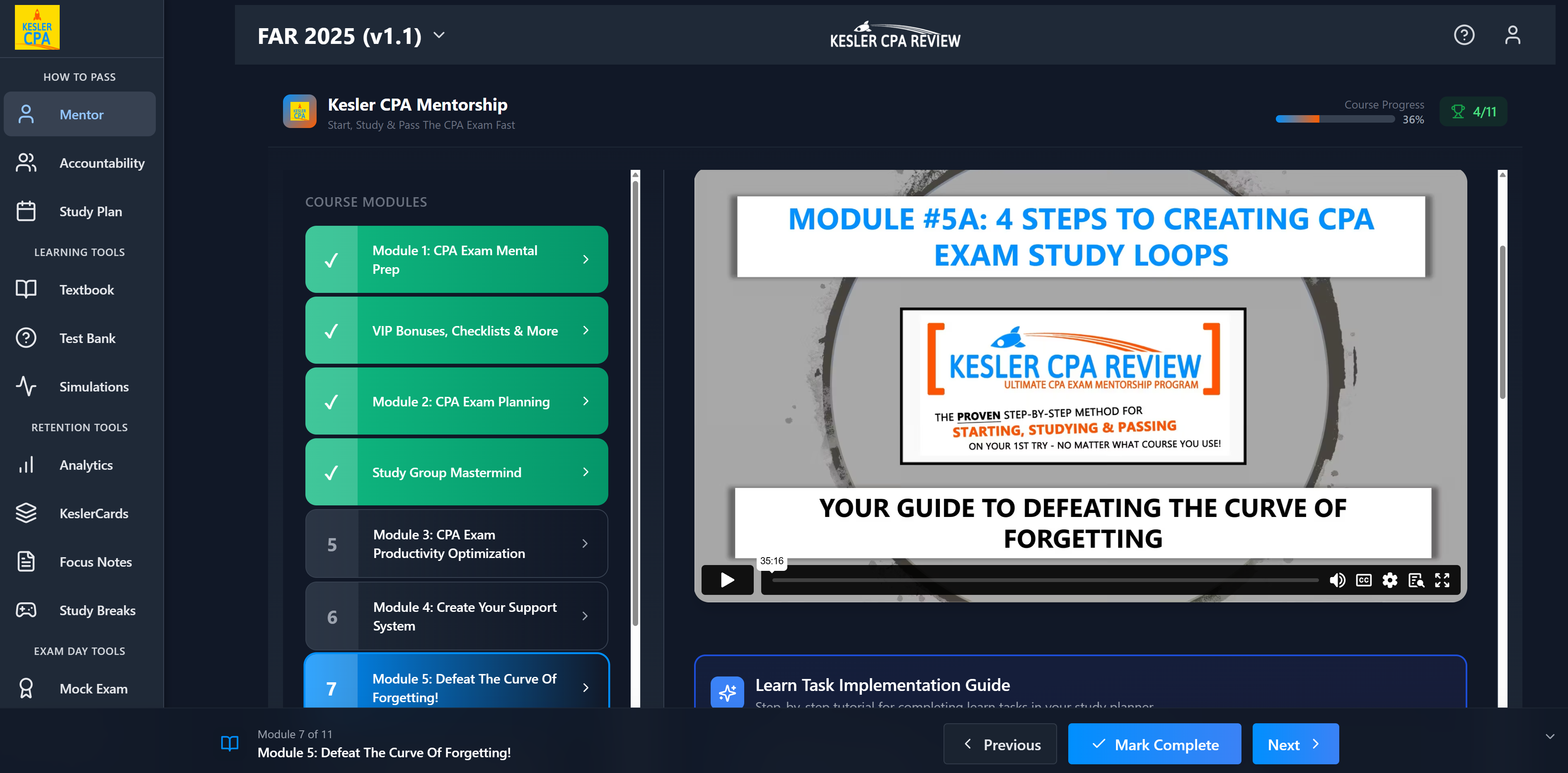 Kesler CPA Review mentorship program showing study strategy modules and coaching interface